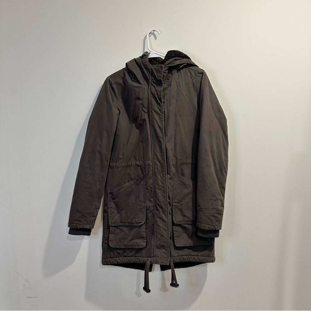 Twik Simons | womens small winter coat parka dark grey magnetic pockets buttons